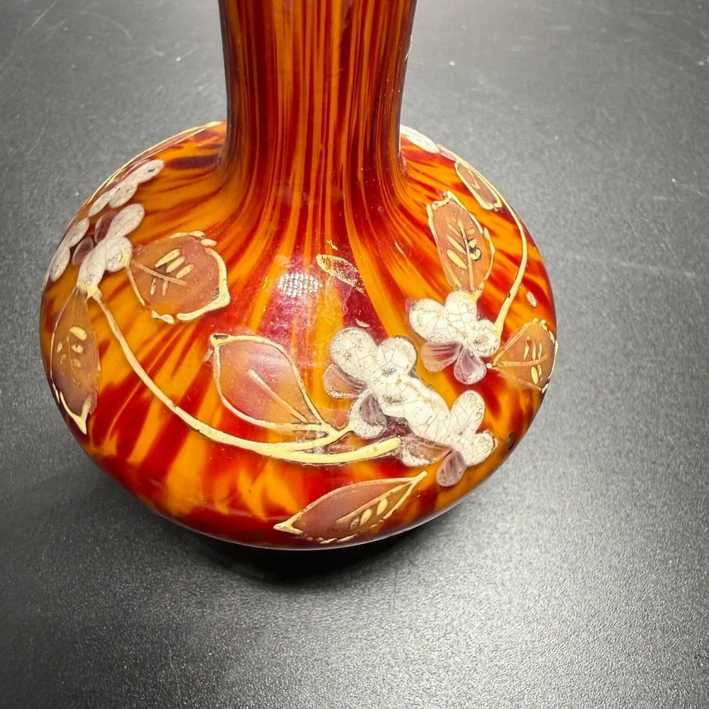 Vintage Hand Blown Art Glass Vase Orange Red Enamel Floral Hand Painted 5.5 inch